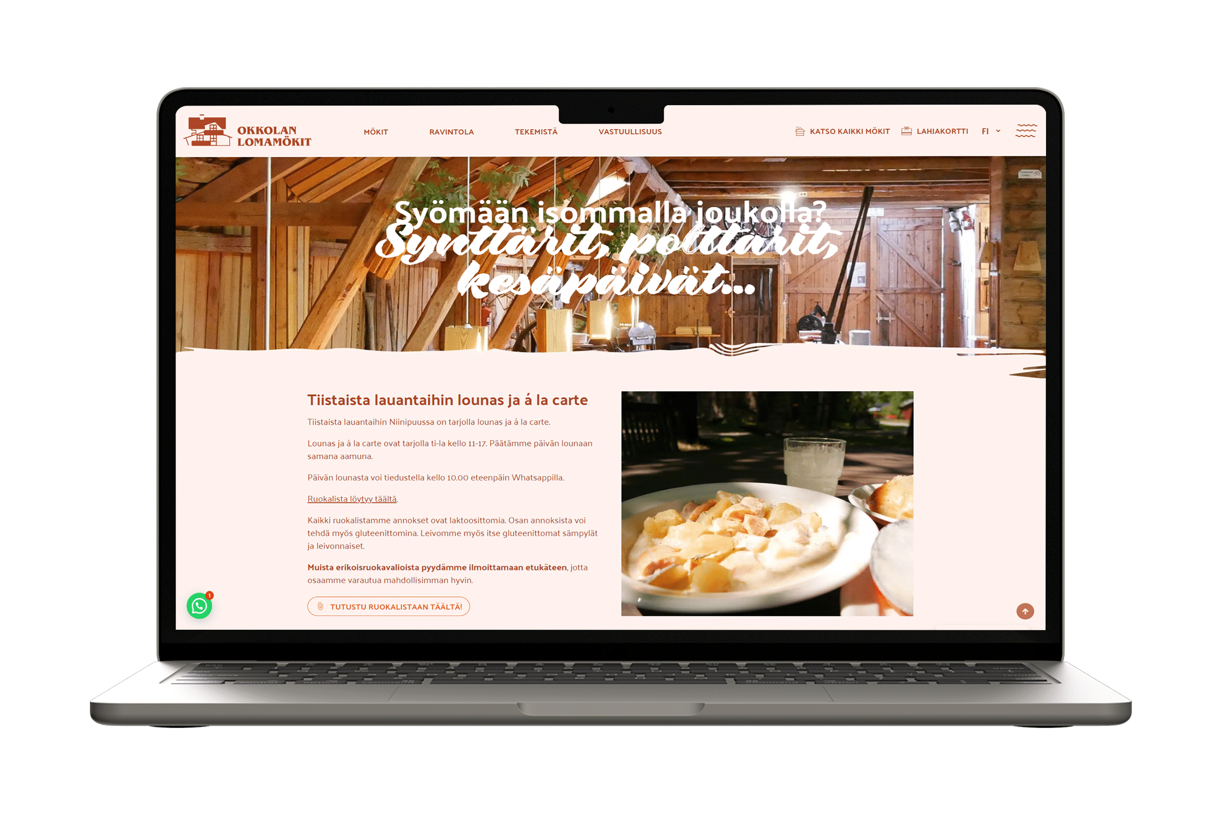 Okkolan lomamökkien verkkosivustouudistuksessa myös ravintolasivu koki kokonasvaltaisen uudistuksen.